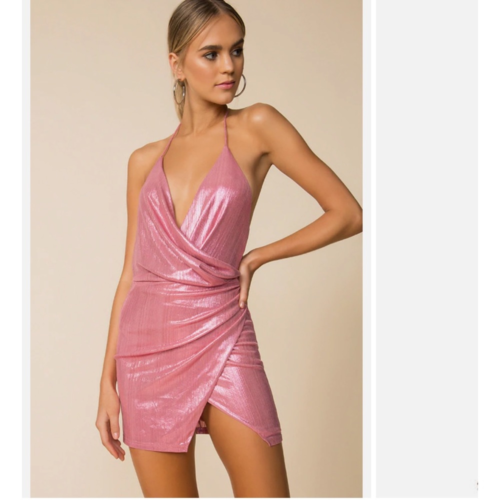 Super Down  Missie Pink Metallica Wrap Front  Halter Mini Dress Size XS NWT